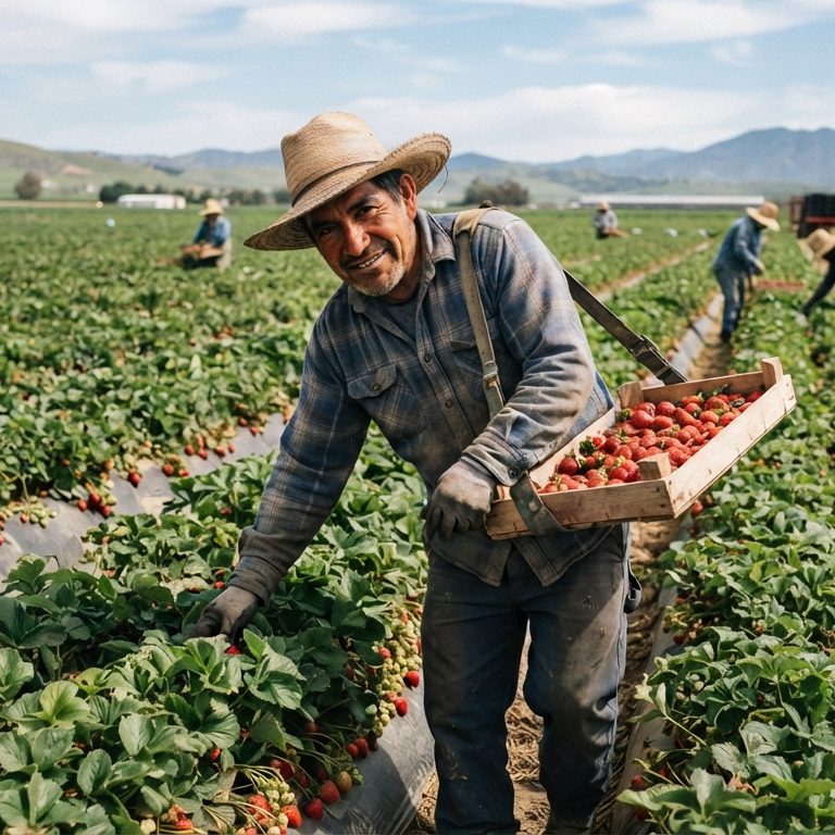 Trabajador del campo sonriendo con una caja de fresas